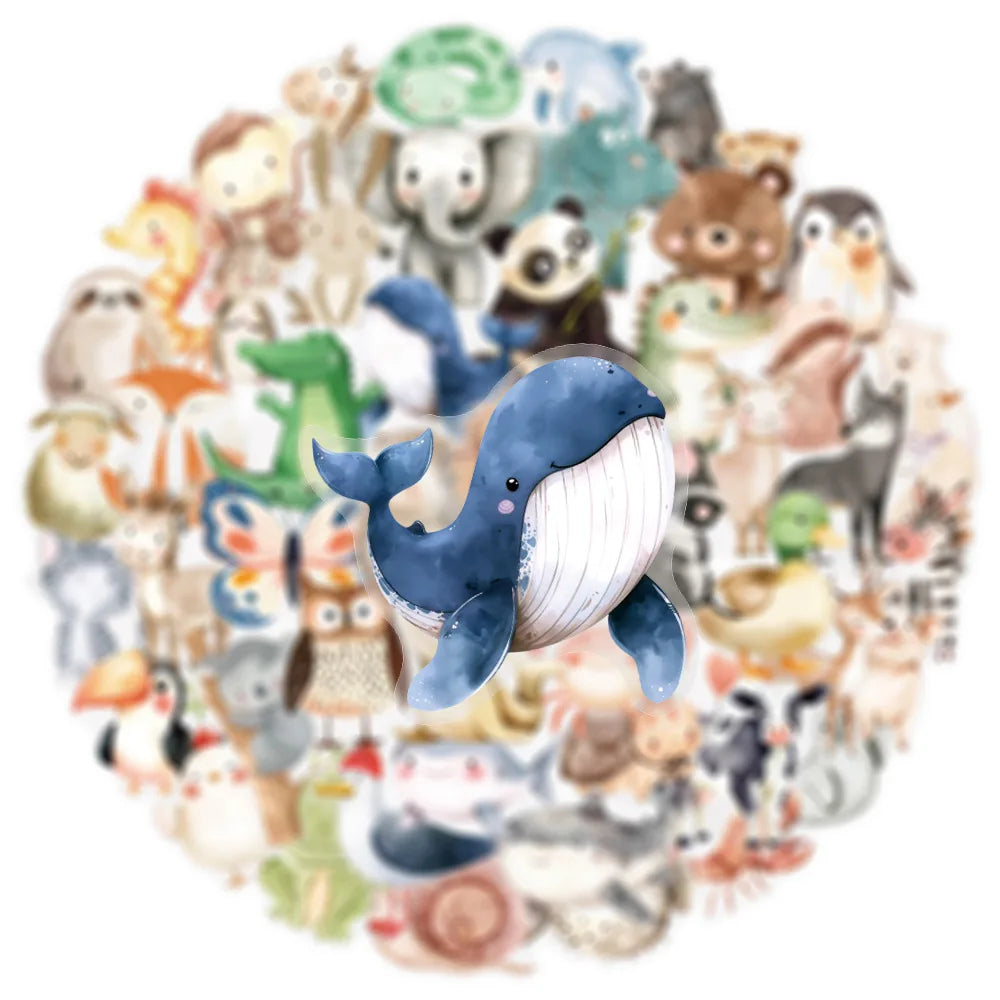 50/100PCS Transparent PET Watercolor Animal Stickers DIY Laptop Decoration Stationery Stickers