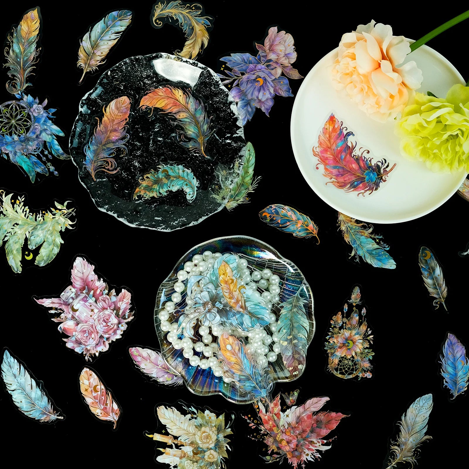 30PCS Feather Stickers, Artistic Retro DIY Waterproof Stickers for Scrapbook Supplies Junk Journa