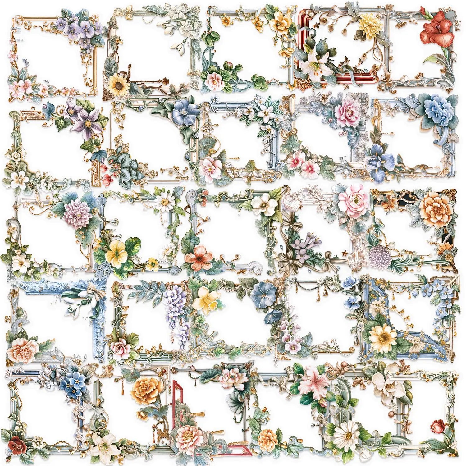 50/100 PCS Transparent PET Cartoon Flower Picture Frame Sticker Pack Waterproof Decorative Guitar Notebook Stickers