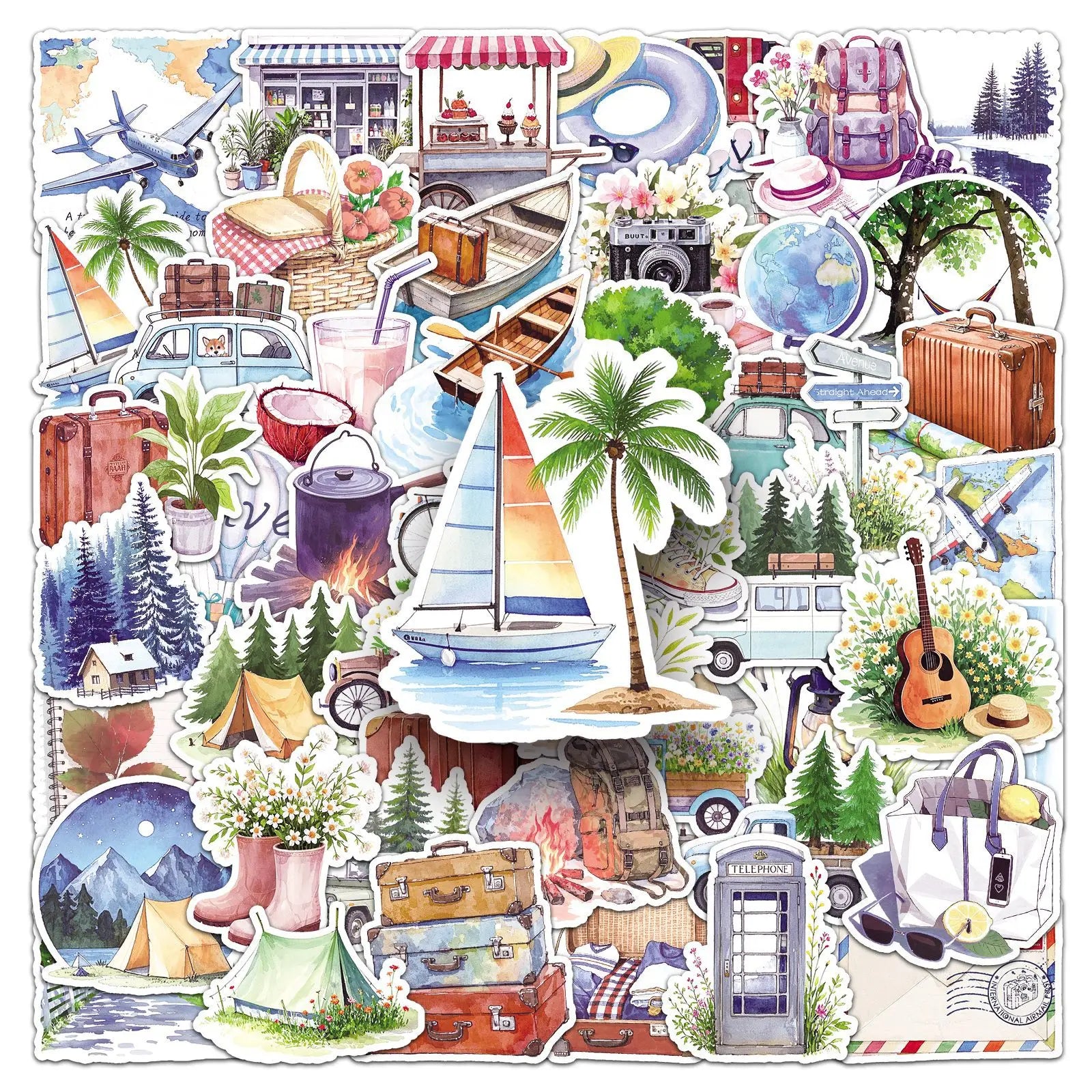 50-Pack Waterproof Outdoor Camping Graffiti Stickers for Phones Laptops Helmet Suitcase Watercolor Landscape Decor