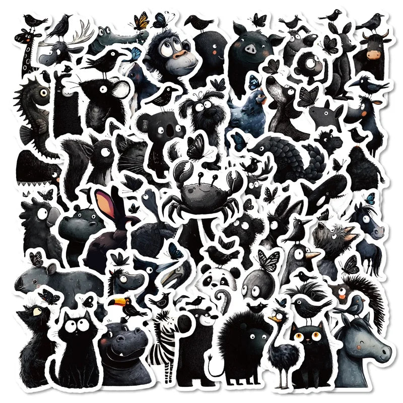 10/30/56PCS Cartoon Black Animal PVC Sticky Sticker Aesthetic Colored Children's DIY Decoration Scrapbooking School Supplies