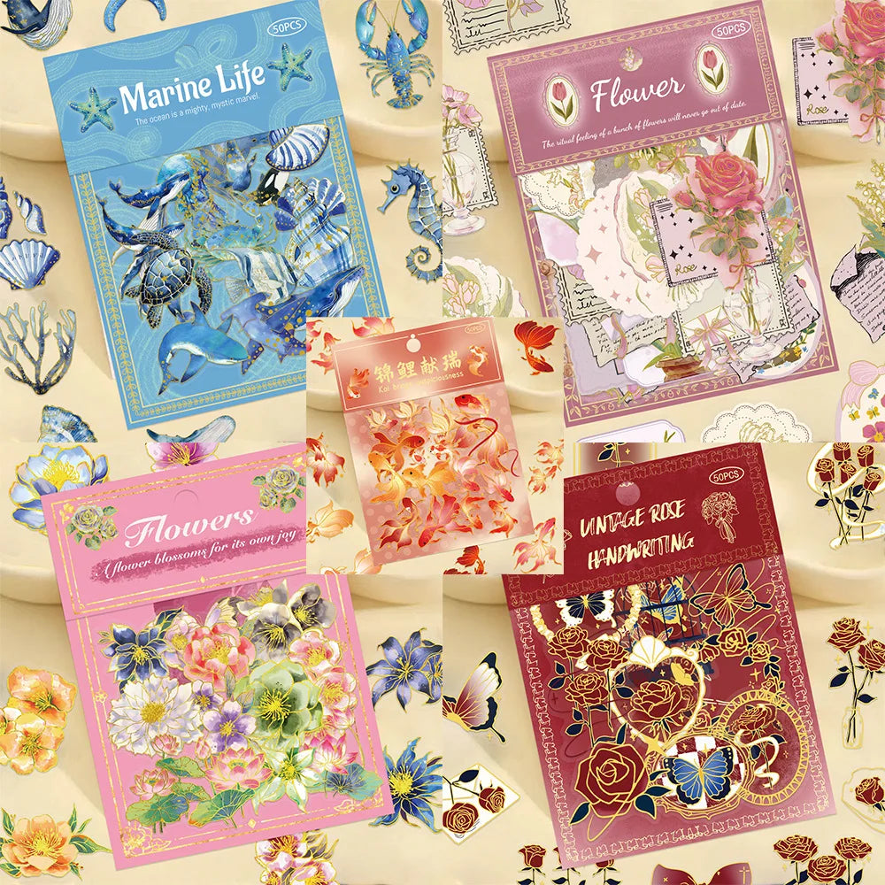 Variety of Cartoon/Flower 50PCS Hot Stamped Transparent PET Stickers Waterproof DIY Mobile Decoration Stationery Notebook Reward