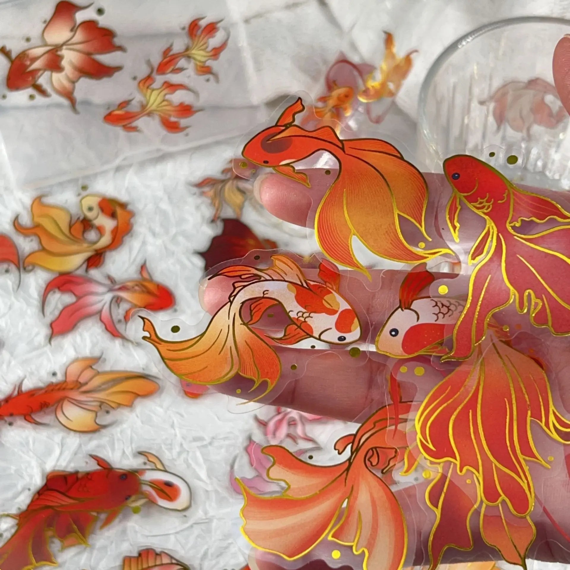 50/100 Pcs Exquisite Cartoon Gold Foil Koi PET Clear Waterproof Stickers for Phone Window Lunch Box Helmet Guitar Piano Laptop