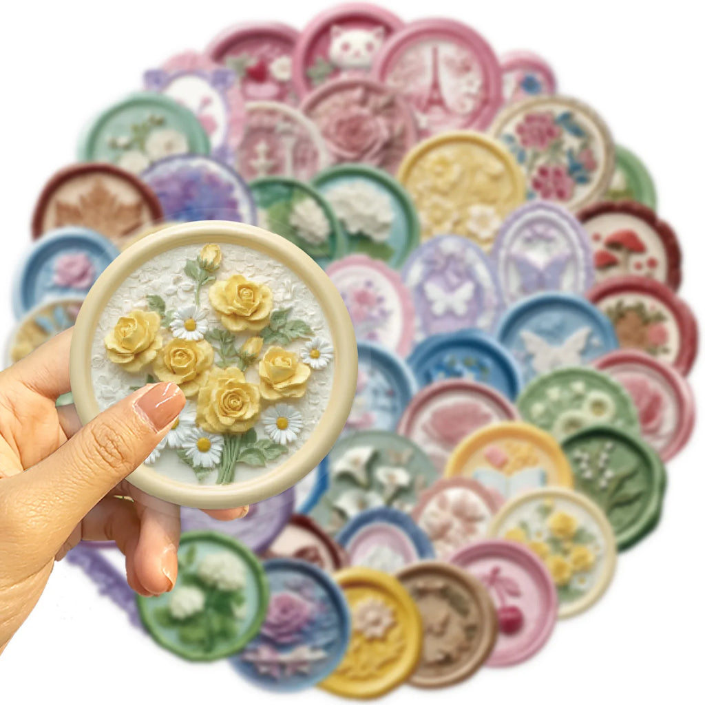 50Pcs Cartoon Embossed Seal Sticker Transparent PET Waterproof Decals Children Stationery Notebook Stickers