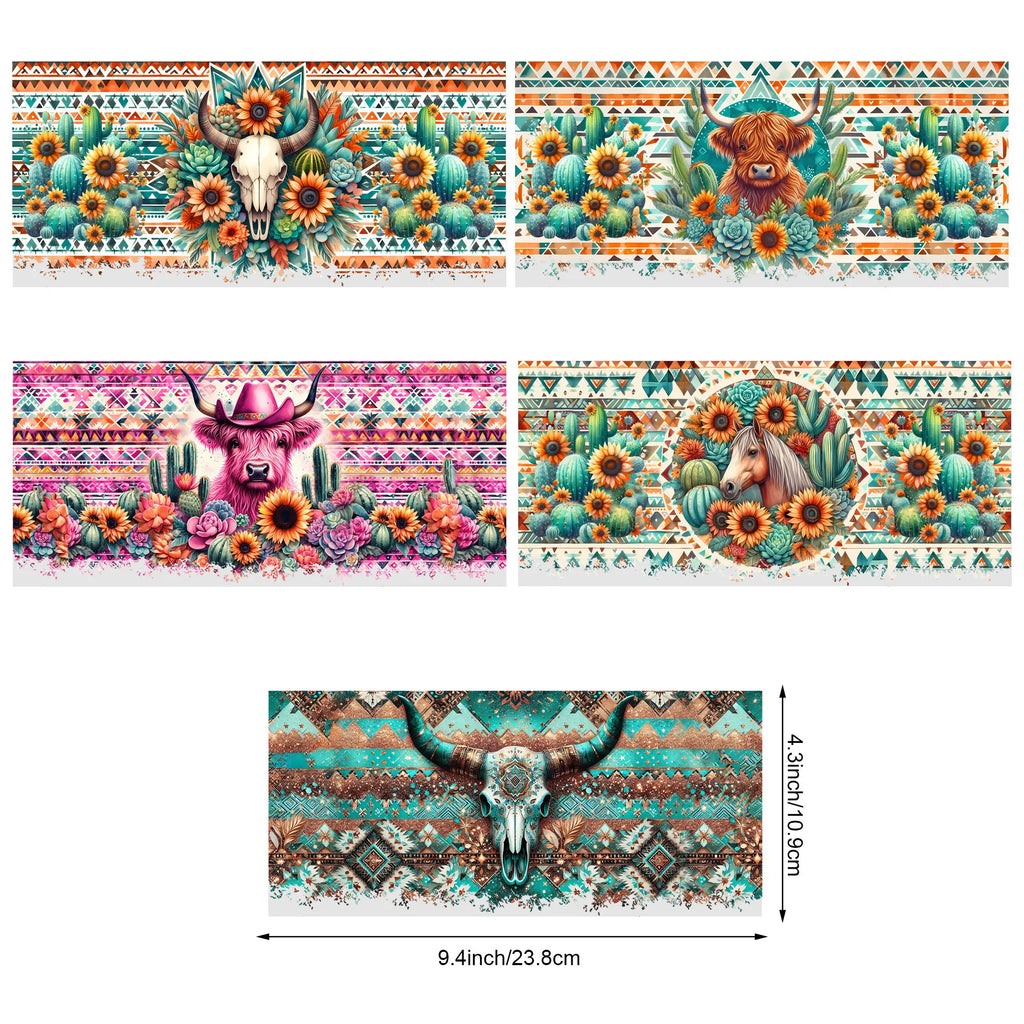 5 Sheets Aztec Animals Western Cactus DTF Cup Stickers, Glass Cup DTF Transfer Stickers, Waterproof Wipeable Transfer Paper