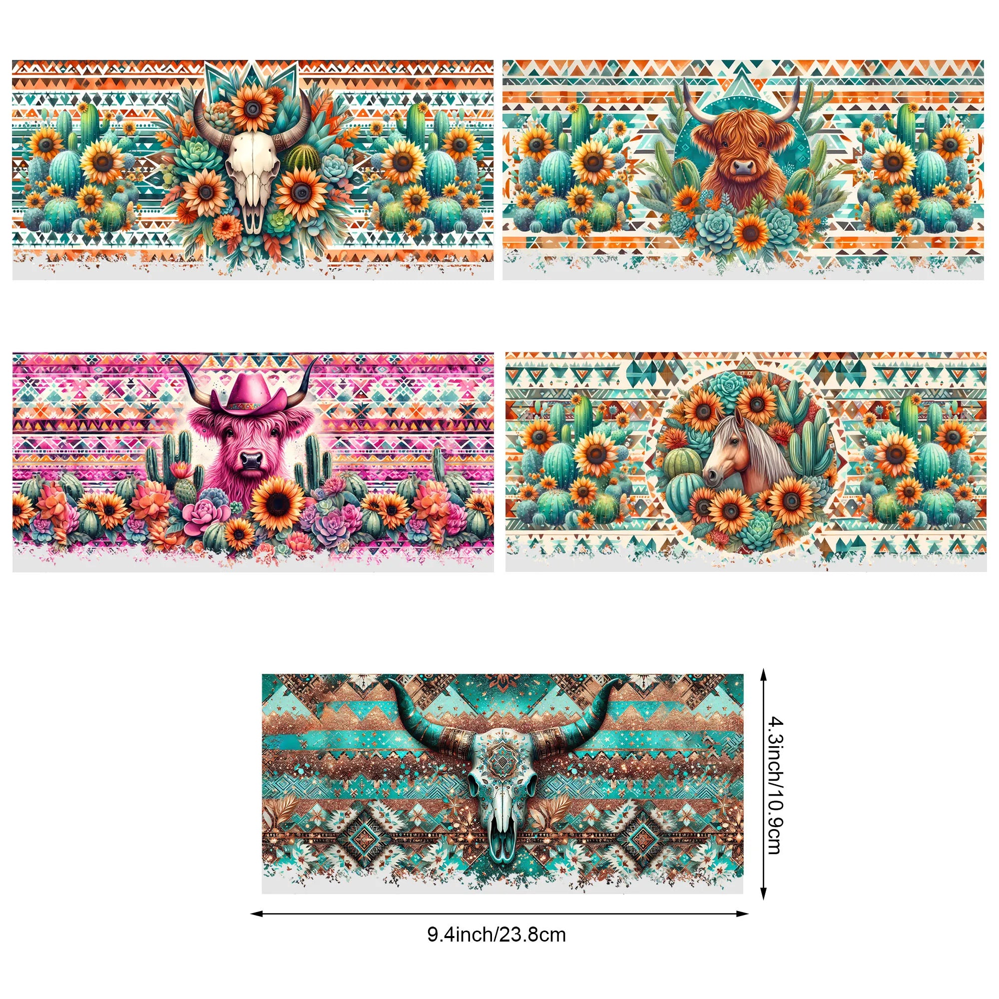5 Sheets Aztec Animals Western Cactus DTF Cup Stickers, Glass Cup DTF Transfer Stickers, Waterproof Wipeable Transfer Paper