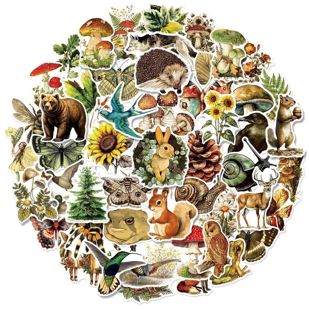 50/100PCS Retro Animal & Plant Graffiti Stickers Water Cup Decoration Stickers Luggage Tablets Diary DIY Stickers