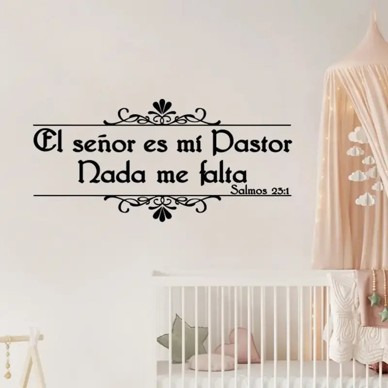 1pc Spanish Psalm 23:1 Bible Verse Wall Decal - Contemporary Black Script with Floral Swirls, Self-Adhesive PVC Christian Religi