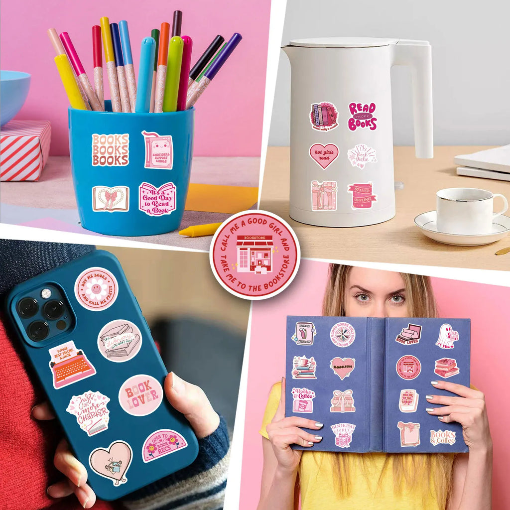 60/120PCS Waterproof Vinyl Pink Bookish Cartoon Graffiti Sticker-Car Luggage Water Cup Laptop Helmet Notebook Sticker