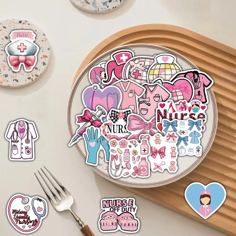 50PCS Pink Bow Nurse Sticker Waterproof Art PVC Gift Phone Cafe Refrigerator Graffiti Living Room Skateboard Decorative