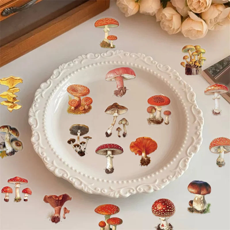 50PCS Vintage Red Mushroom PET Sticky Sticker Aesthetic Stationery DIY Decoration Scrapbooking School Supplies for Kids