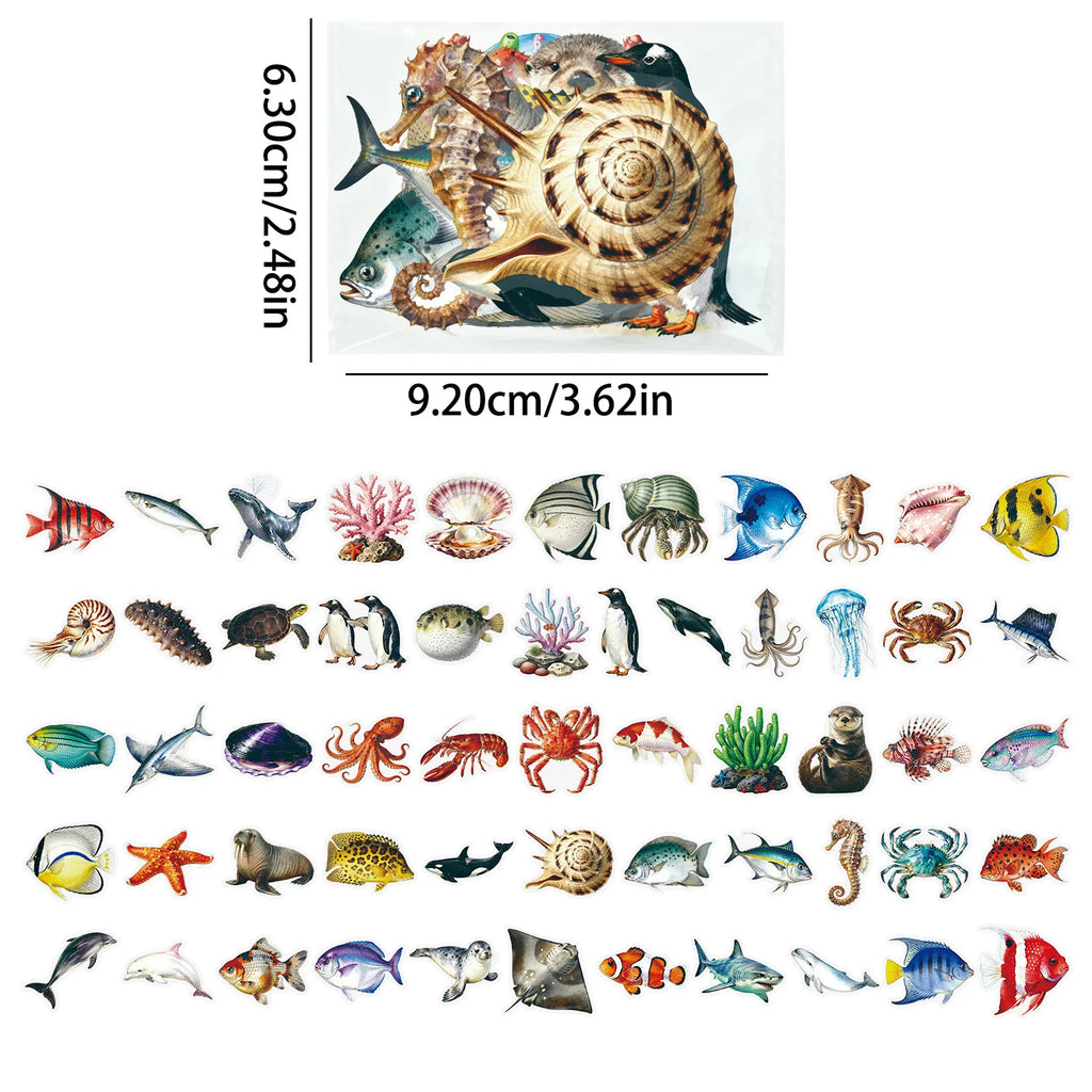 56/112 Pcs New Realistic Marine Animal PET Stickers High Transparency Various Fish Creative Handmade for Notebook Fridge Cabinet