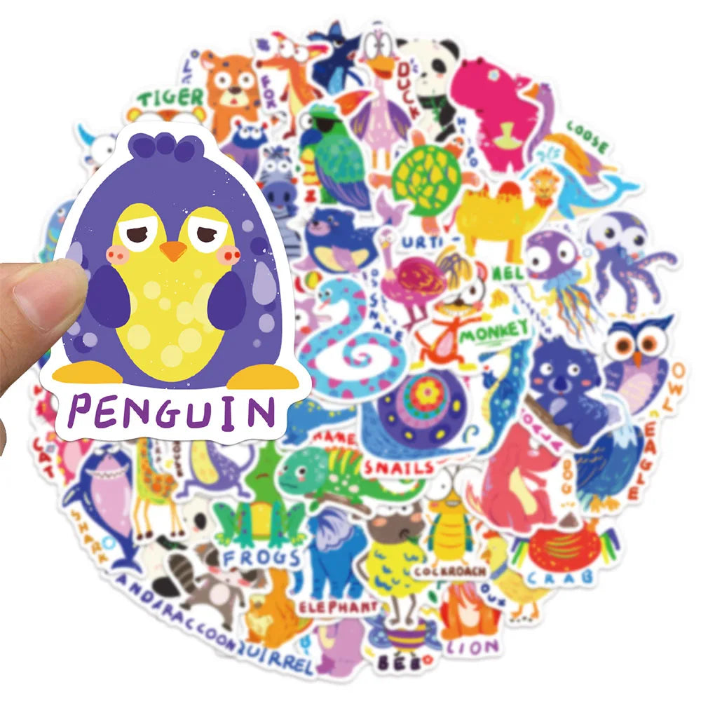 50PCS Children's English Cartoon Animal Graffiti Stickers DIY Luggage Laptop Tablet Speaker Decoration Stickers