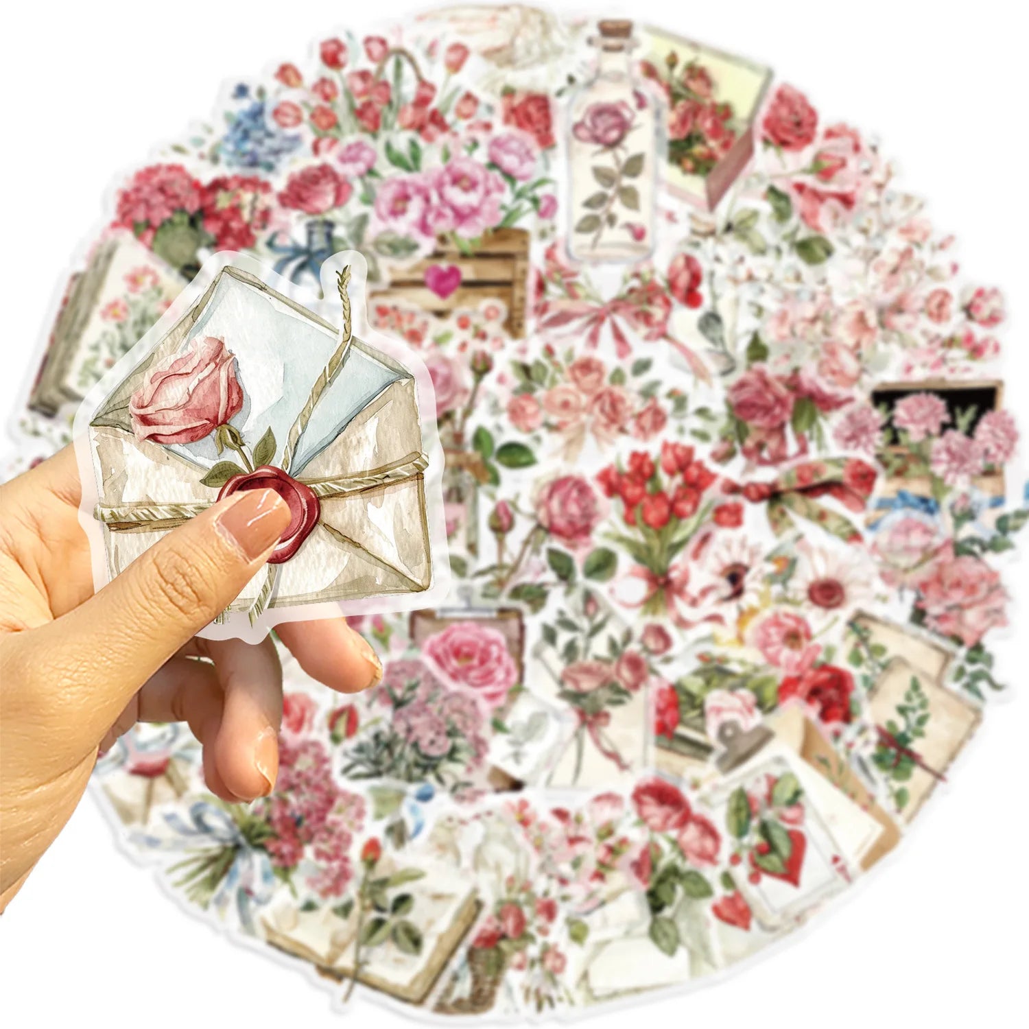 50 Pcs Flower and Letter Sticker Pack Waterproof Transparent PET Booklet Flower Material Decorative Guitar Notebook