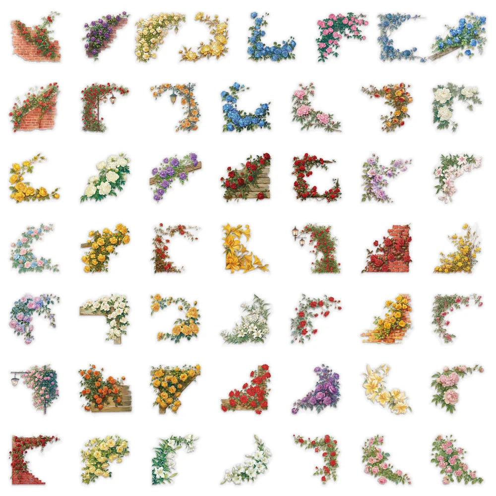 50PCS Retro Flower Flower Decoration Sticker Pack DIY Scrapbook Phone Case Laptop Tablet Transparent Toy Decoration Stickers