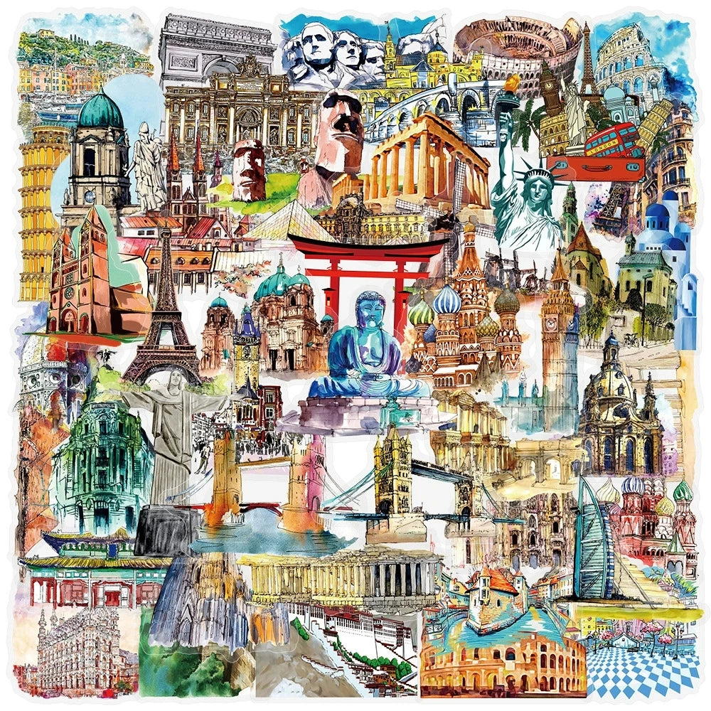 50-100PCS Transparent PET World Famous Architecture and Scenic Spot Stickers DIY Decorative Waterproof Stickers