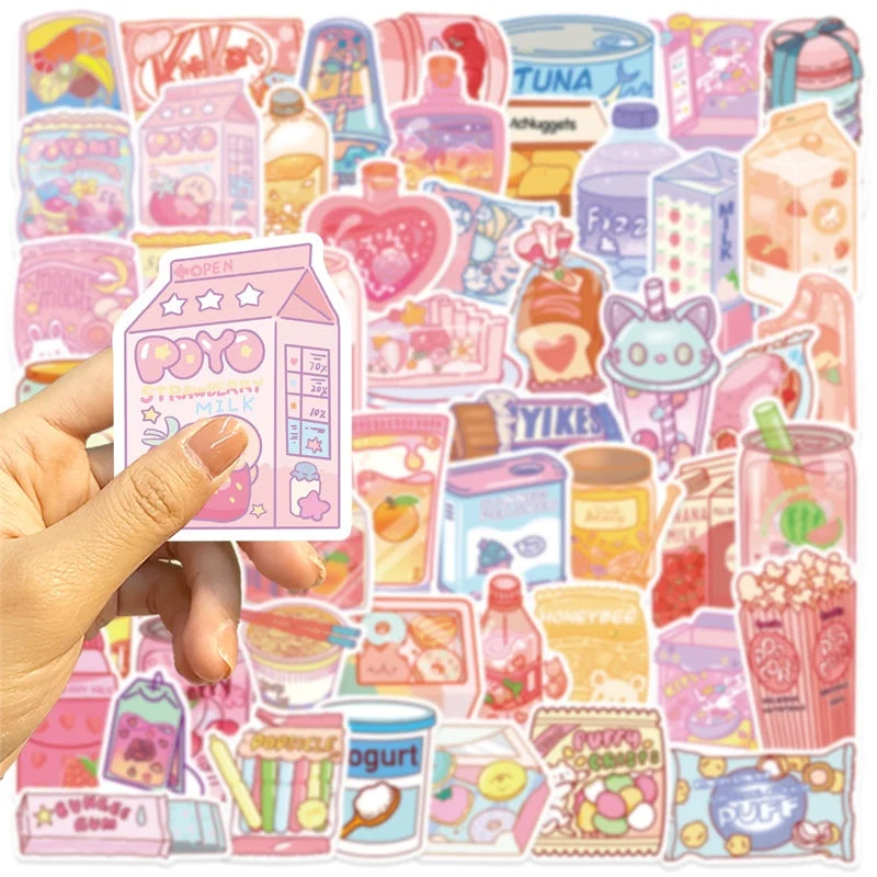 10/30/50PCS Kawaii Ins Snack PVC Sticky Sticker Aesthetic DIY Decoration Scrapbooking School Stationery Supplies for Kids