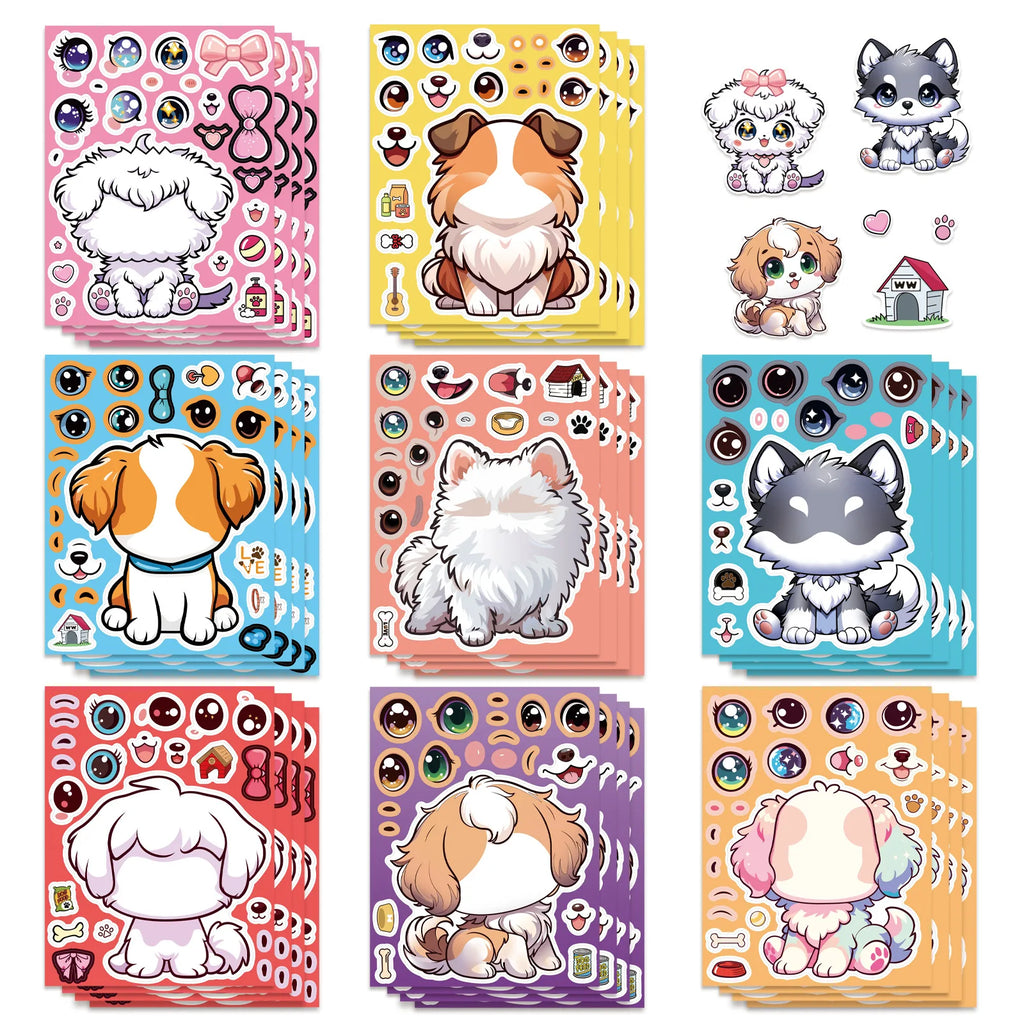 8/16 Pcs Cartoon Cute Dog Make A Face Puzzle Stickers DIY Game for Birthday Gift Reward Cup Phone Helmet Bicycle Decals