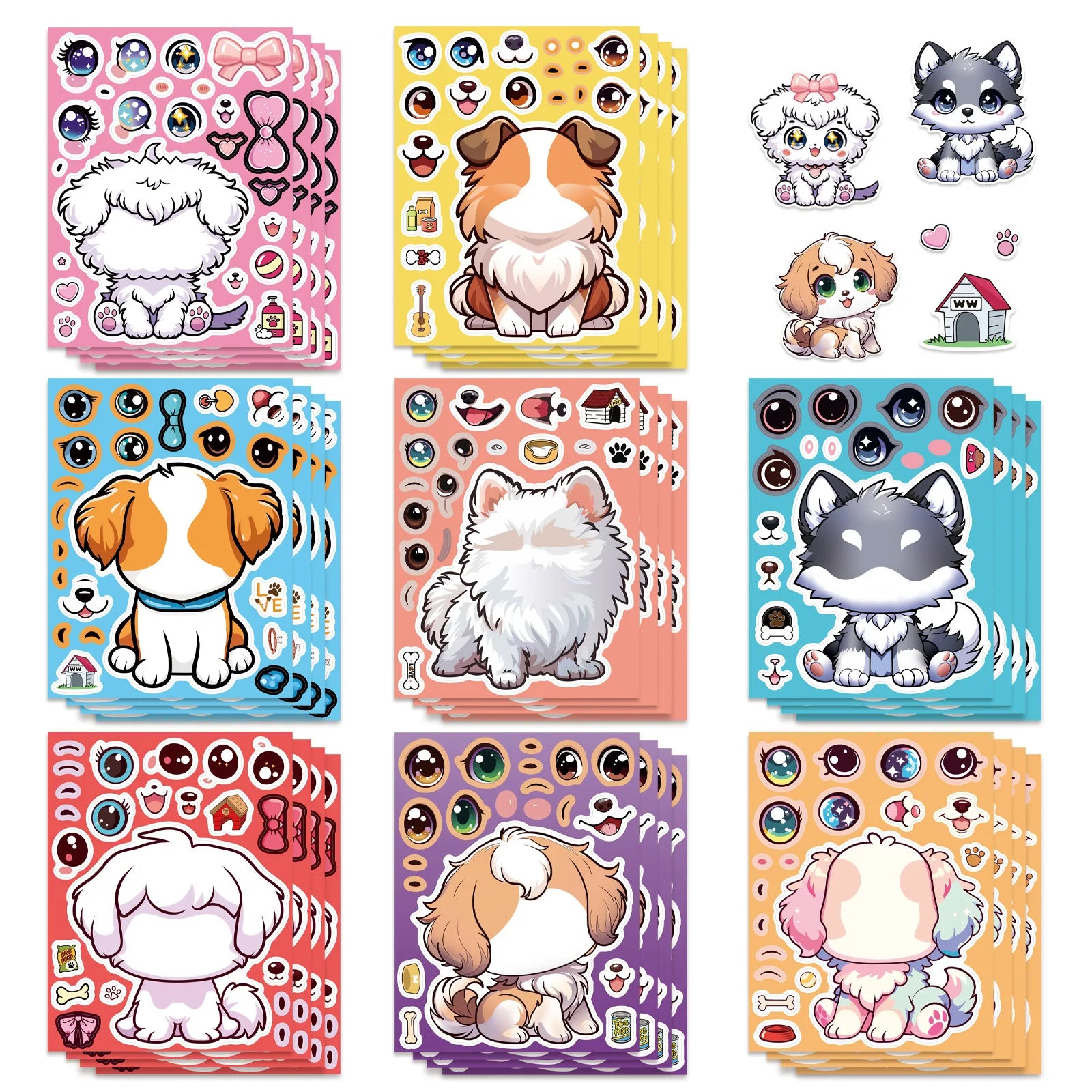 8/16 Pcs Cartoon Cute Dog Make A Face Puzzle Stickers DIY Game for Birthday Gift Reward Cup Phone Helmet Bicycle Decals