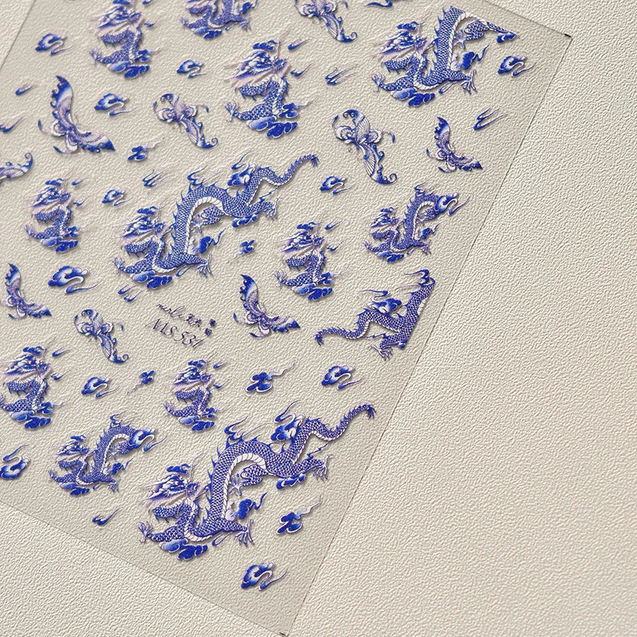 Retro Embroidered Dragon Red Porcelain Chinese 3D Embossed Relief Self Adhesive Nail Art Stickers Manicure Decorations Decal DIY