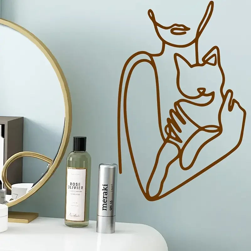 1pc Elegant Woman and Cat Wall Sticker - Contemporary Self-Adhesive Vinyl Decal, Reusable Glossy Finish for Living Room, Bedroom