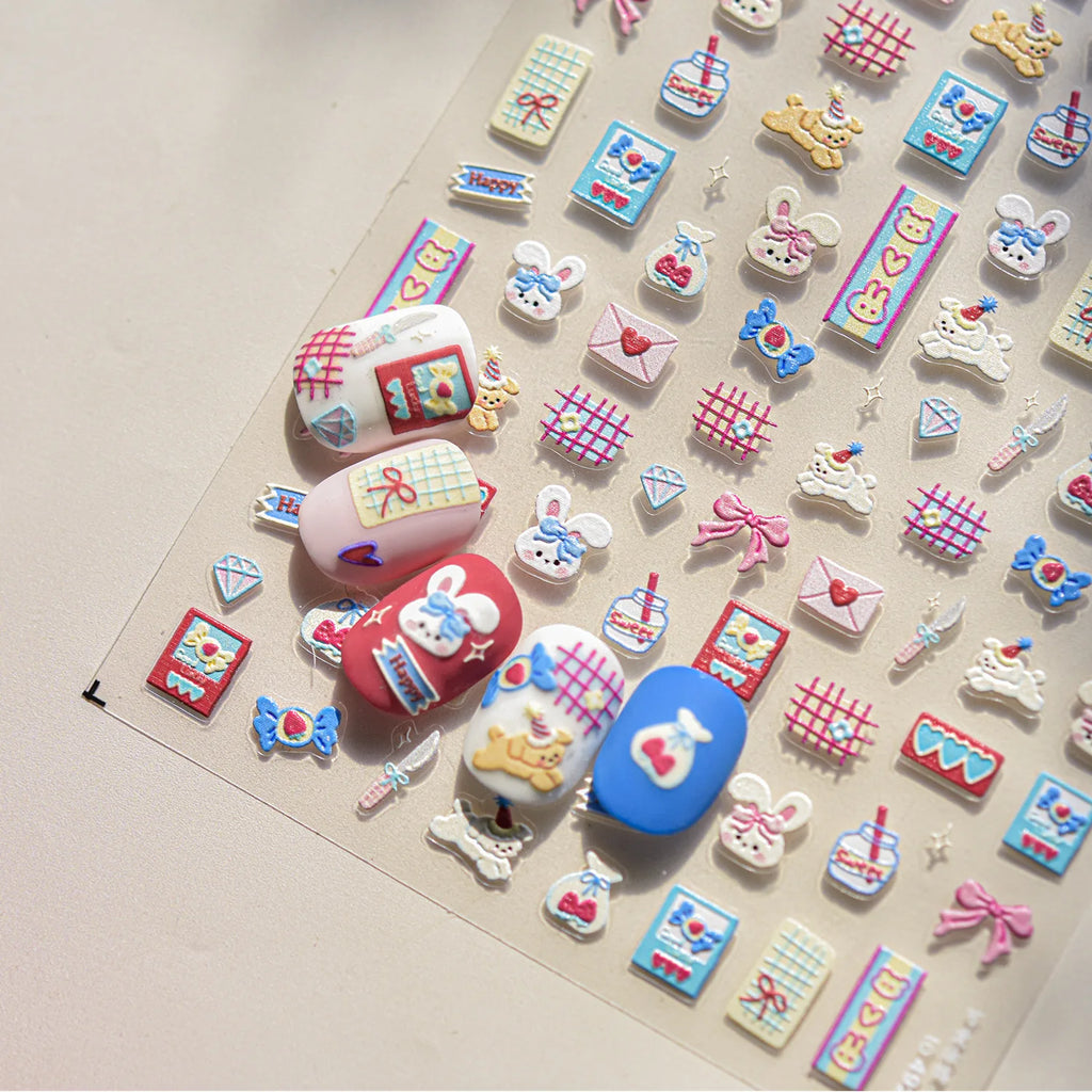 Cute Graffiti Nails Sticker 3D Simple Cat Claw Rabbit Bear Dog Flower Lovely Animal Fruit Adhesive 5D Embossed Nail Art Stickers