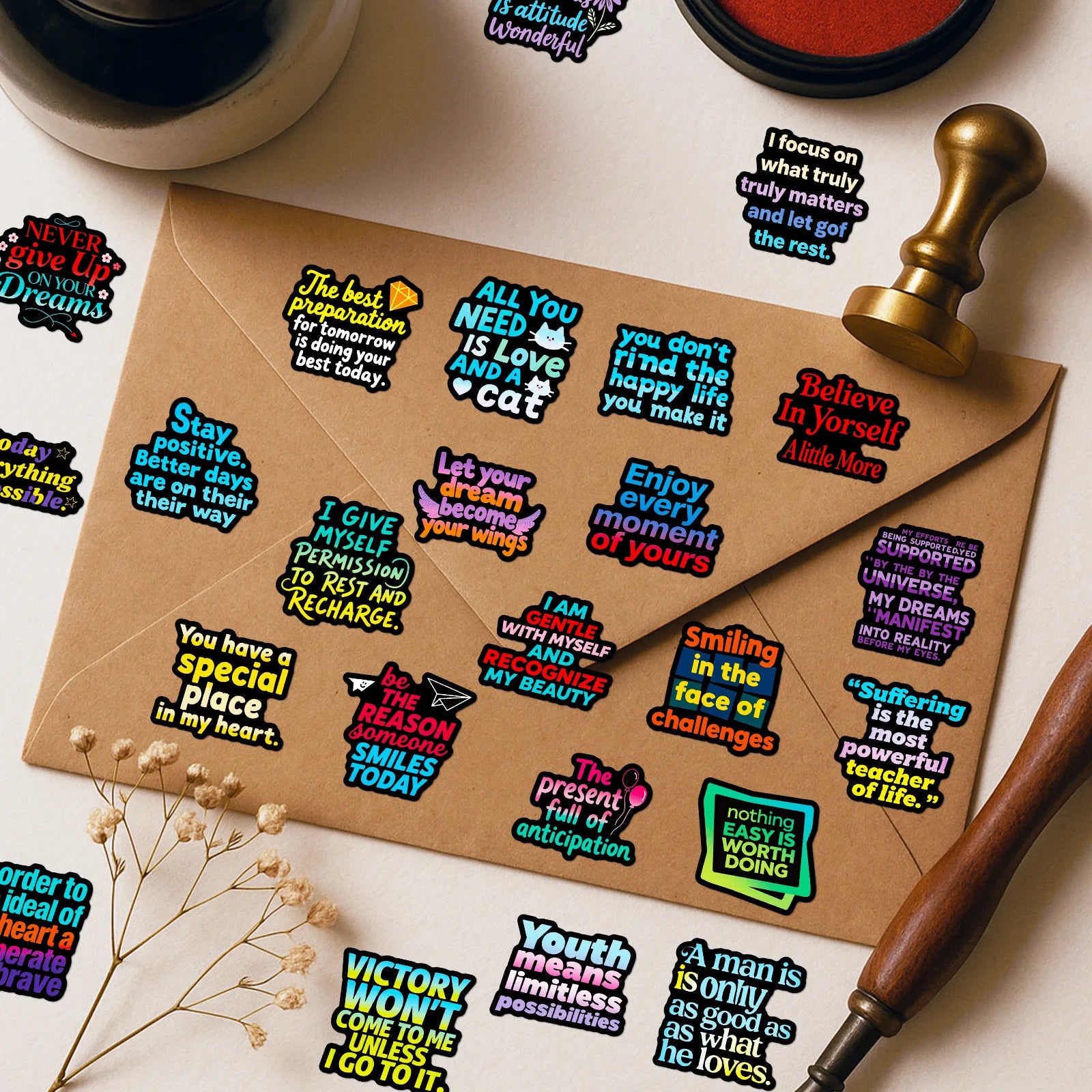 56PCS Dark Text Graffiti Stickers Inspirational Positive Energy Black Background Text Stickers Creative Stationary Stickers