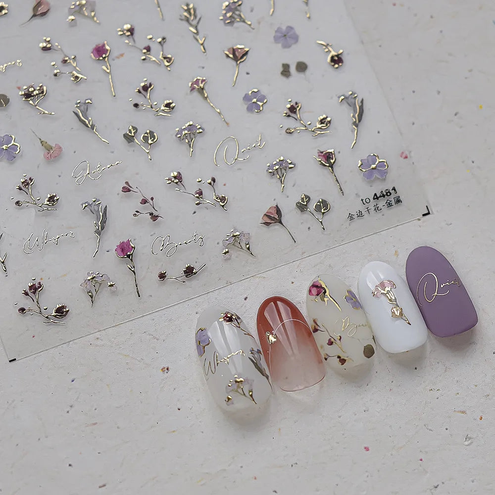 Golden Green Leaf Flower Nail Art Stickers Exqusitive 3D Five-petal Flower Nail Decorations DIY Adhesive Nail Decals Accessories