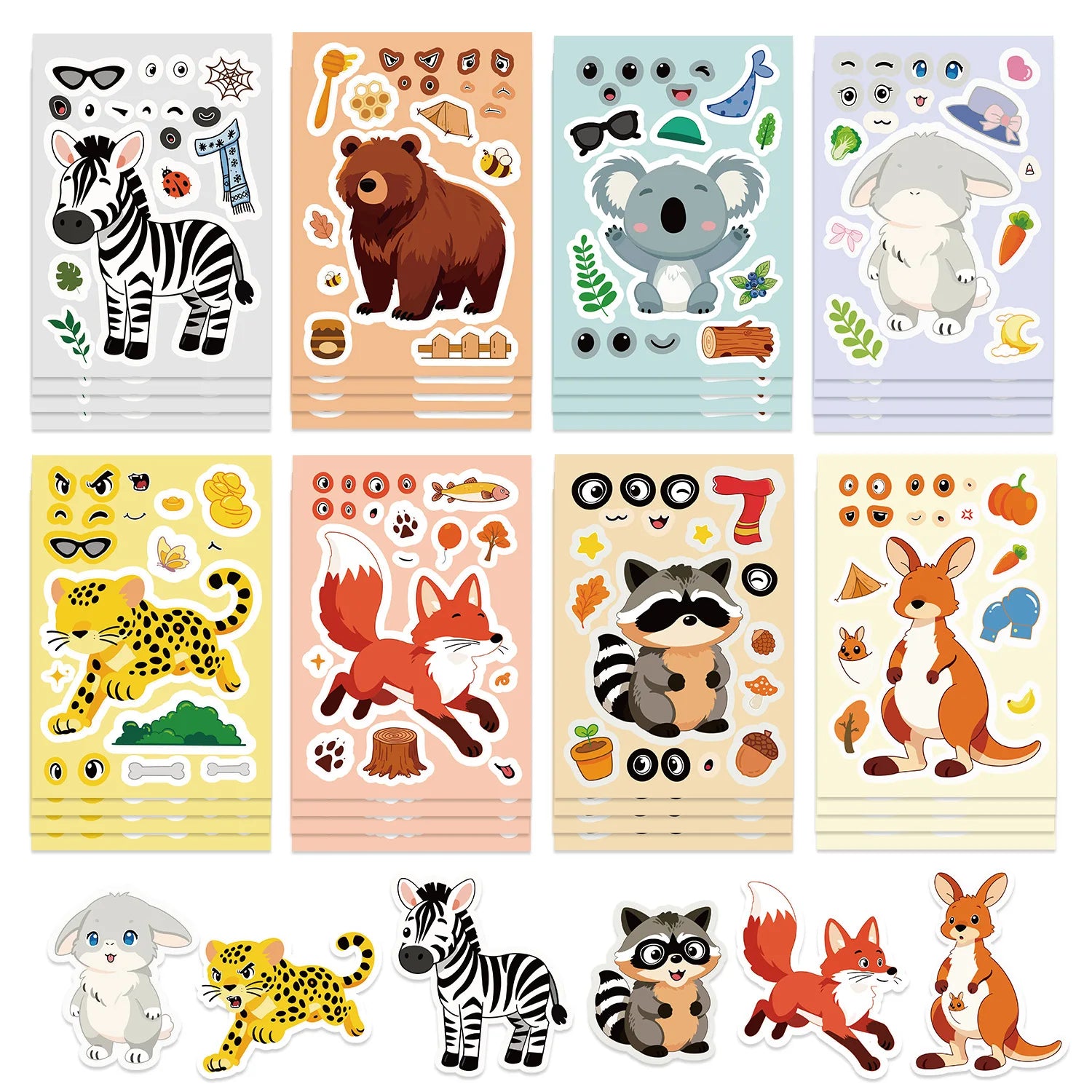 8/16/24PCS Puzzle Stickers Cartoon Animal Make a Face Stickers DIY Handicrafts Waterproof Stationery Notebook Stickers