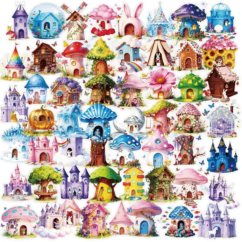 56PCS Fairy Tale Mushroom PET Sticky Sticker Aesthetic Tear Open DIY Decoration Scrapbooking Stationery Supplies for Kids