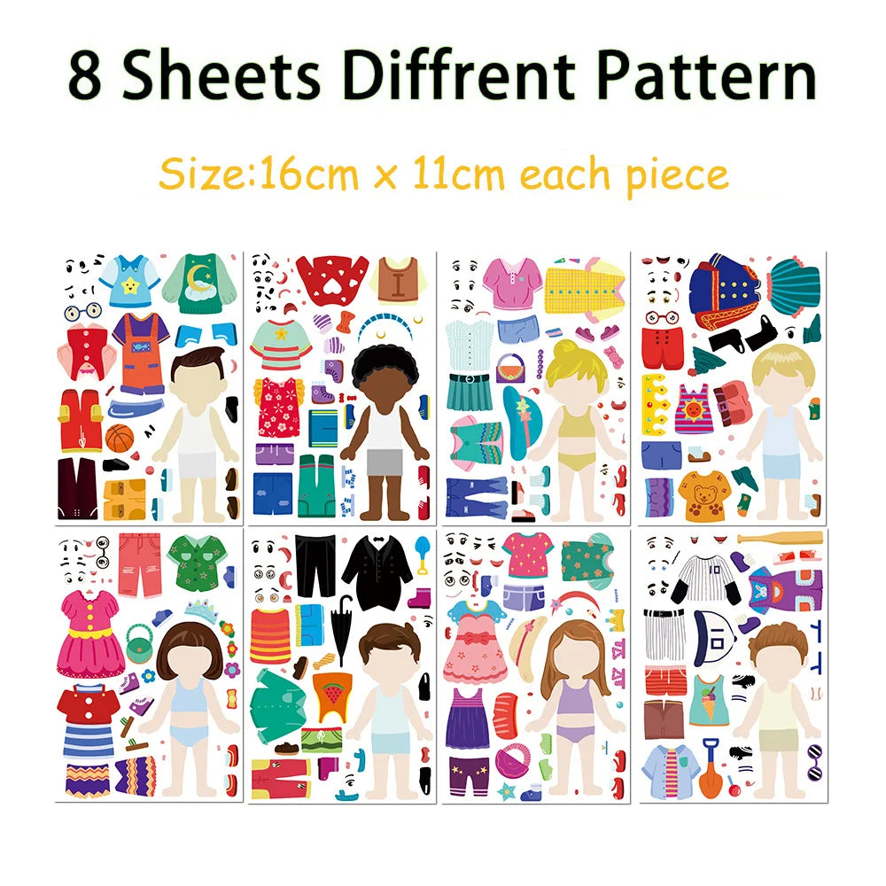 8/16/24PCS Children's Dress Up Puzzle Stickers Cute Cartoon Creative Fun Children's Puzzle Account Material Waterproof Stickers