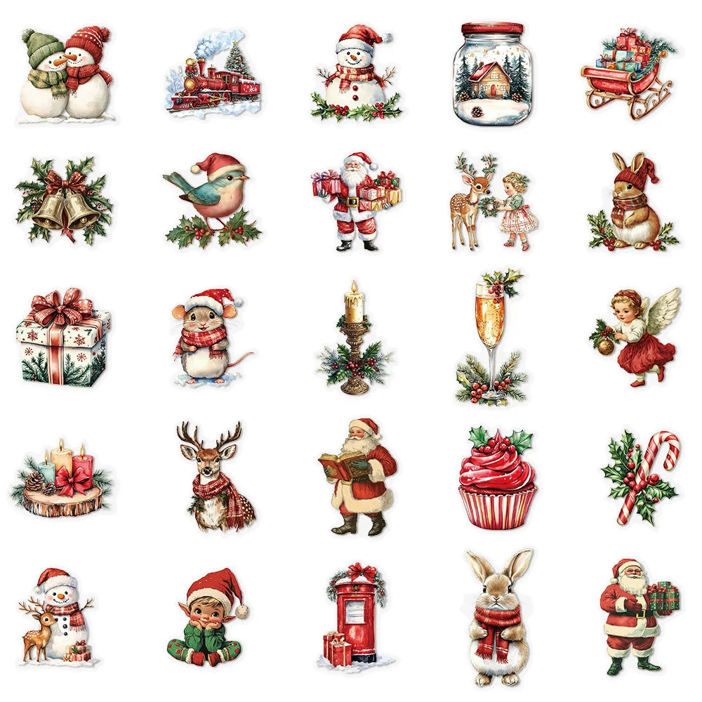 50PCS Retro Christmas Stickers PET Transparent Waterproof DIY Decorative Hand Account Phone Water Cup Tablet Stickers