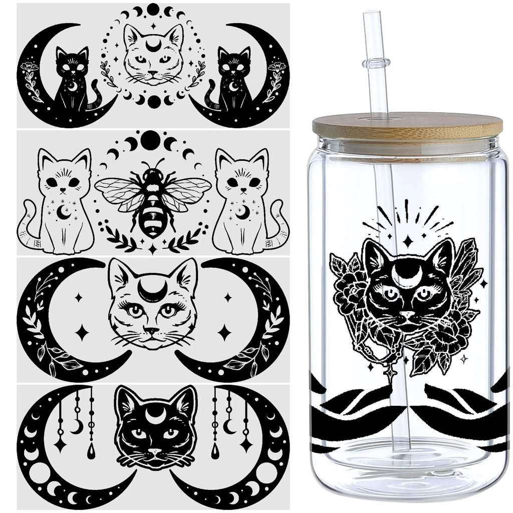 5 sheets Magic Cat UV DTF Glass Cup Wrap Transfer Stickers, DTF Transfer Stickers, Waterproof Wipe-Off Transfer Stickers