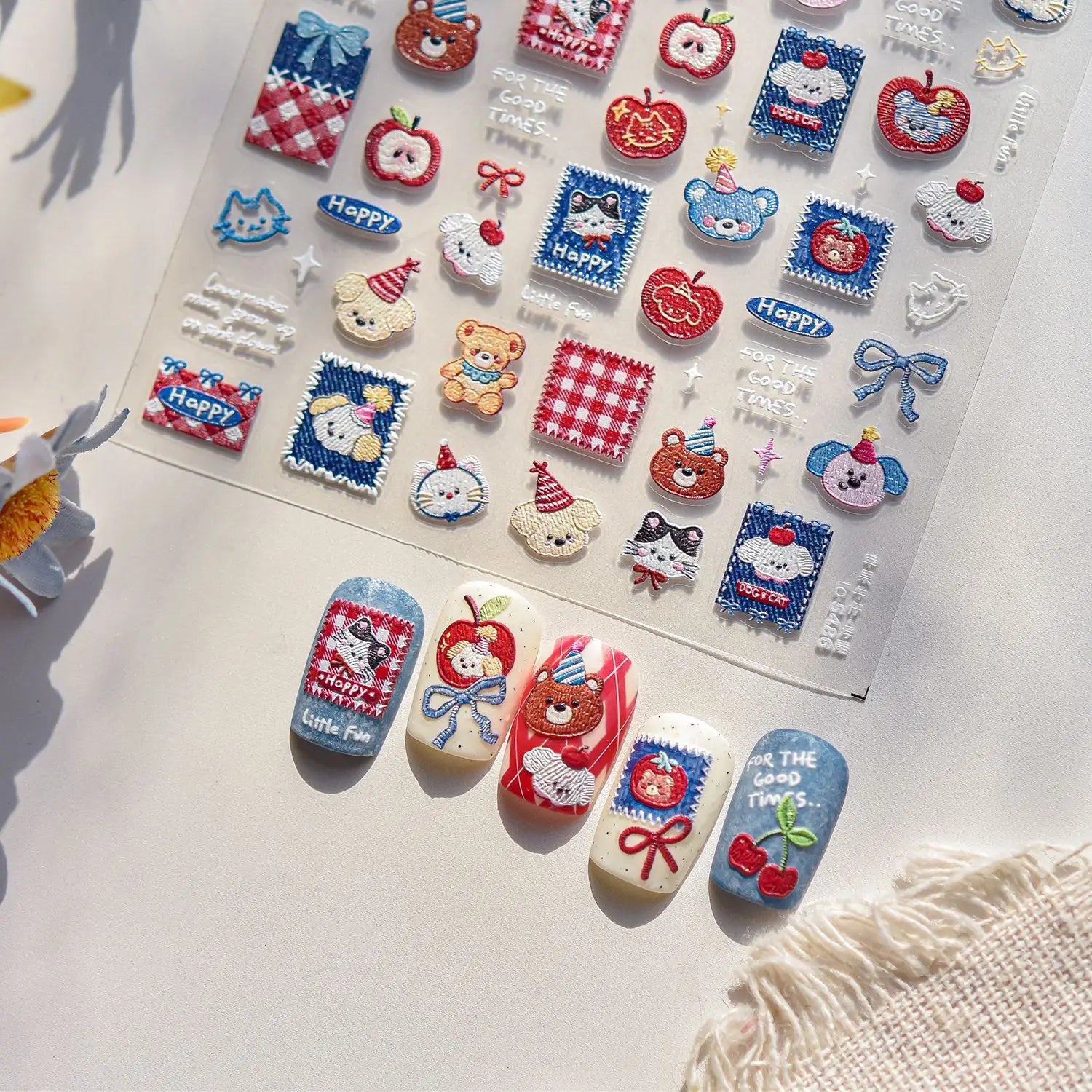 Cute Teddy Bear Sweet Home Nail Stickers 5D Softs Embossed Reliefs Nail Sticker Cherry Apple Cowboy Bow Nails Decorations Decals