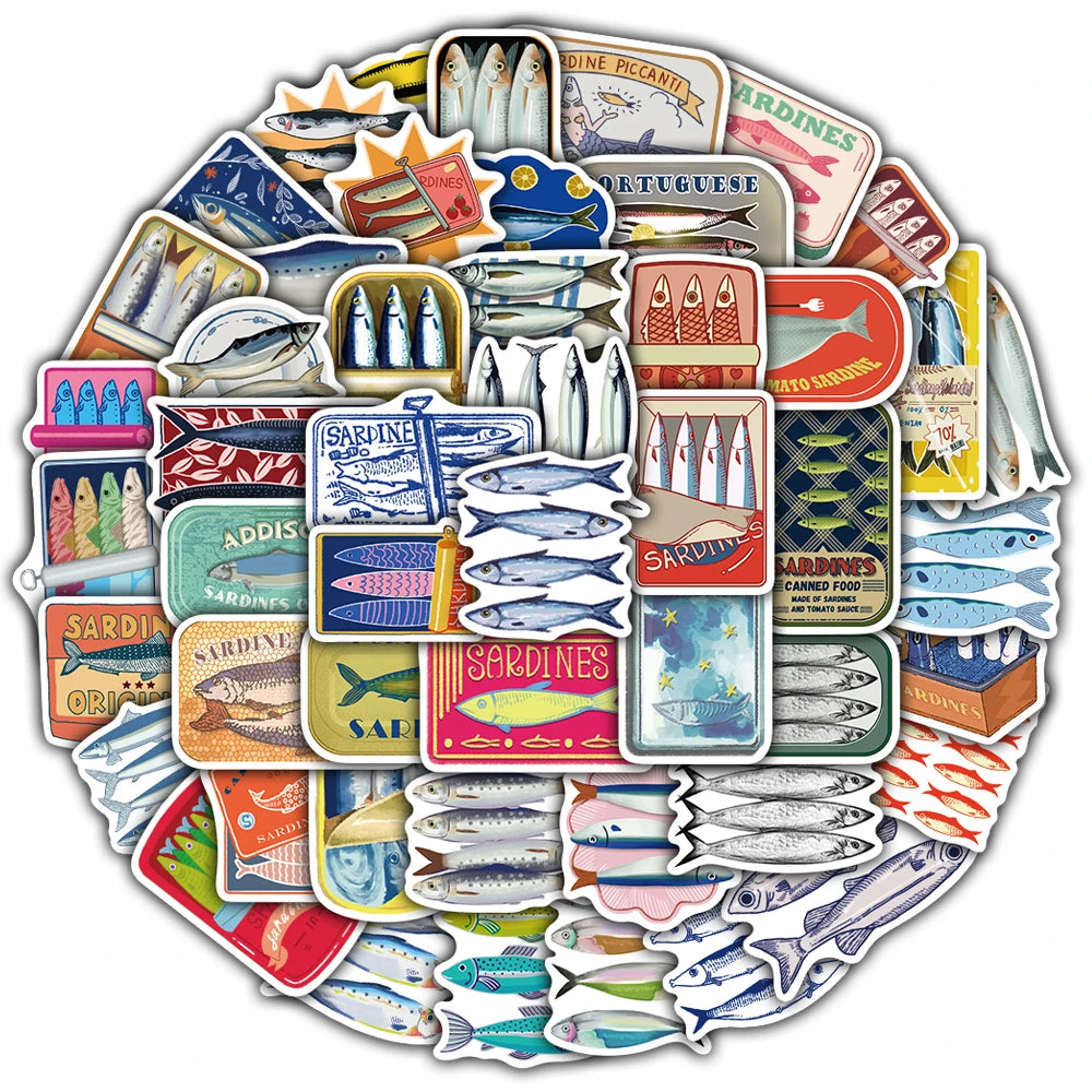 50/100PCS Cute Sardine Sticker Creative Bicycle Luggage Guitar Motorcycle Cartoon Phone Stationery Cafe Bicycle Art Stickers