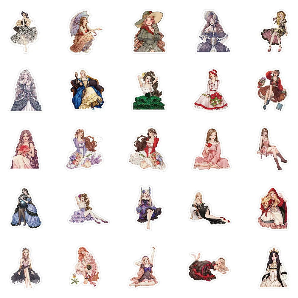 50 Pcs Princess Dress/Cartoon Ballet Animals Stickers Elegant Fashion Waterproof Decorative Stickers Decals