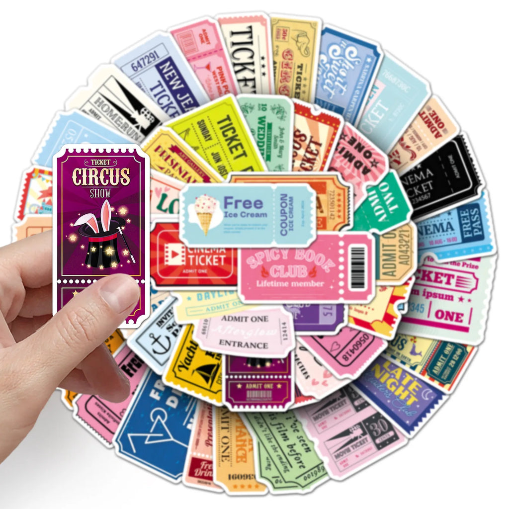 50-Pack Creative Cartoon Ticket Stickers Waterproof DIY Graffiti Decals for Mobile Phones Guitars Helmets Luggage Notebooks
