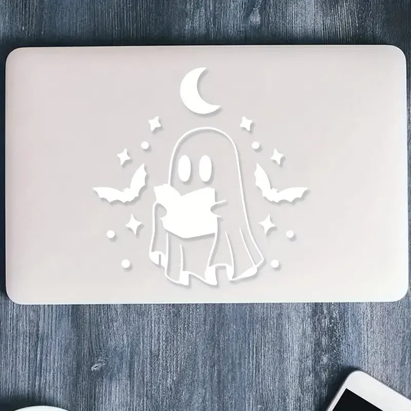 Polyvinyl Chloride Ghost Reading Book Decal - Spooky Bat and Stars Car Window and Laptop Sticker, Halloween Themed Ghost Holding