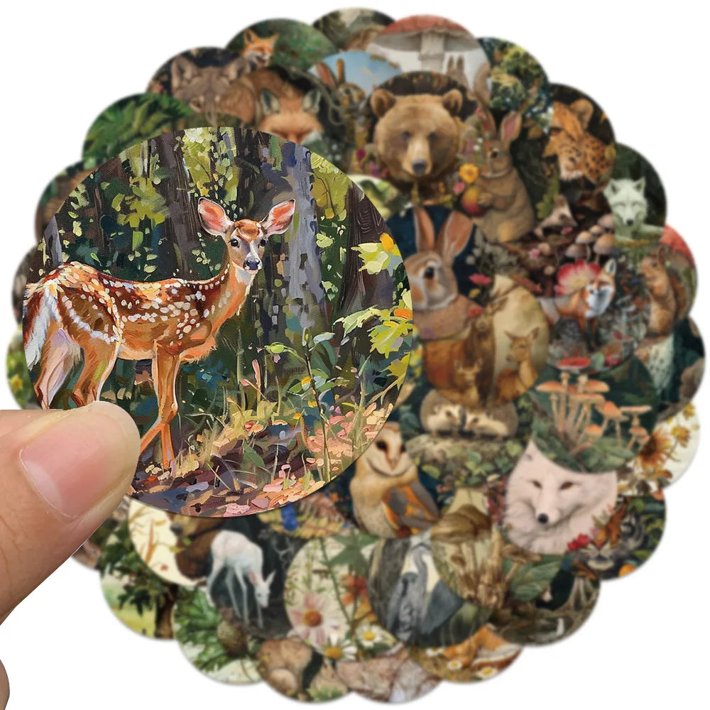 50pcs Retro Cartoon Aesthetic Forest Plants Animals Stickers Graffiti For Laptop Water Bottle Luggage Notebook Decals