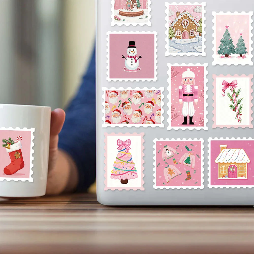 50PCS Pink Christmas Stamp Fun Sticker Set DIY Booklet Scrap Book Decorative Notebook Water Cup Christmas Label Stickers