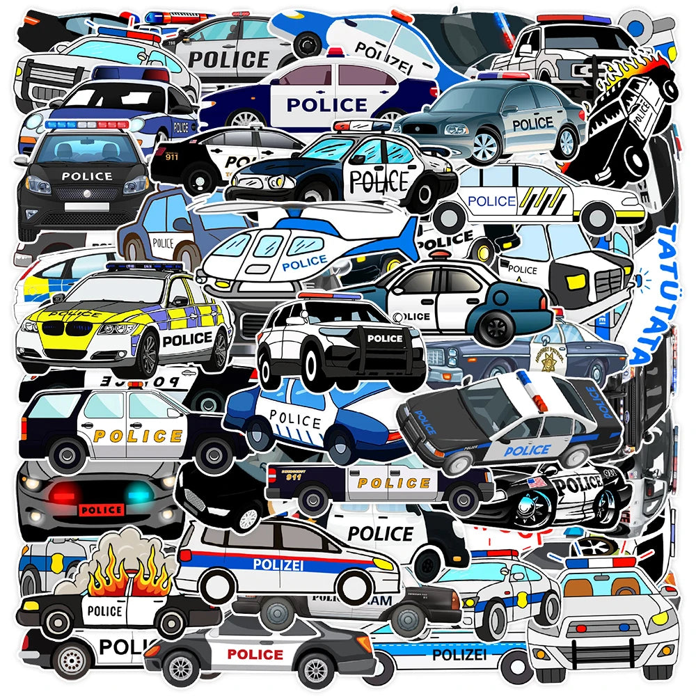 50 Pcs Cartoon Police Car Stickers, Mobile Phone Water Cup Computer Decoration Stickers, Laptop hand account waterproof stickers