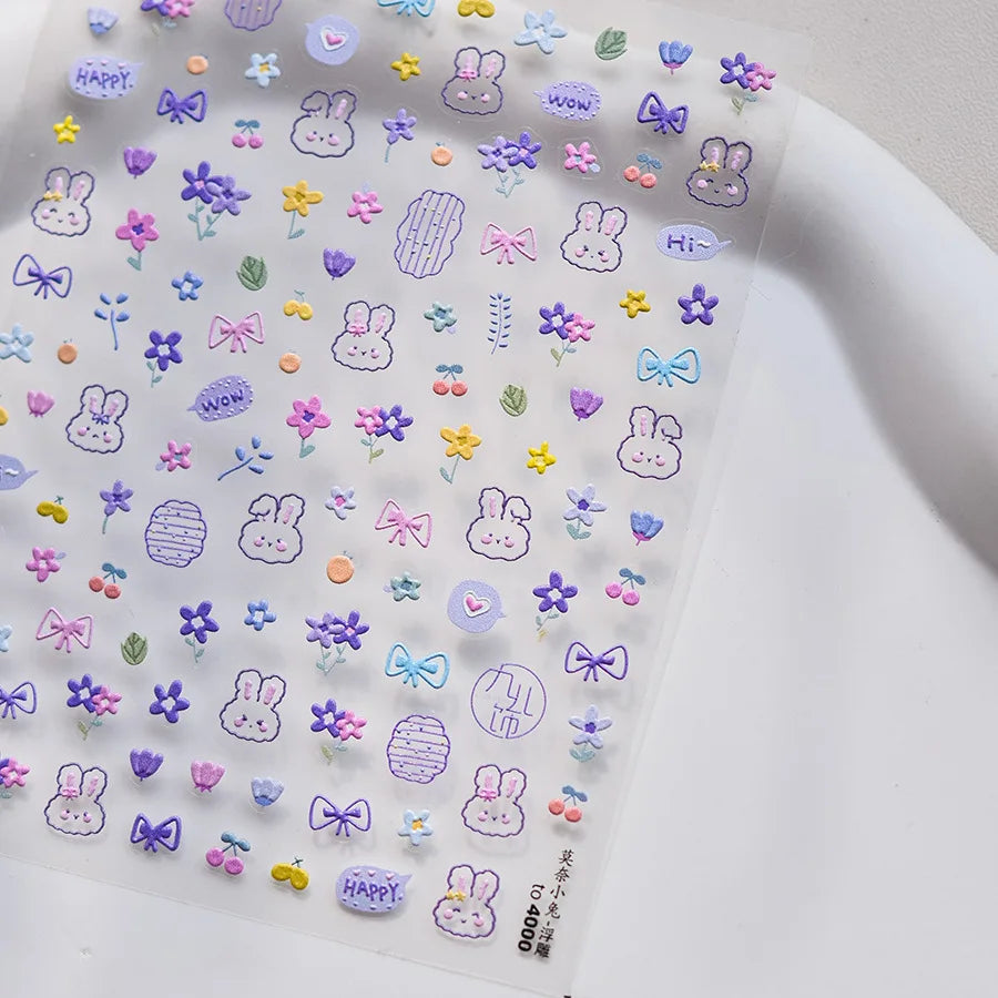 Cute Graffiti Lines Nail Art Stickers 5D Embossed Butterfly Rabbit Nail Art Accessory Stickers DIY Japanese Self Adhesive Decals