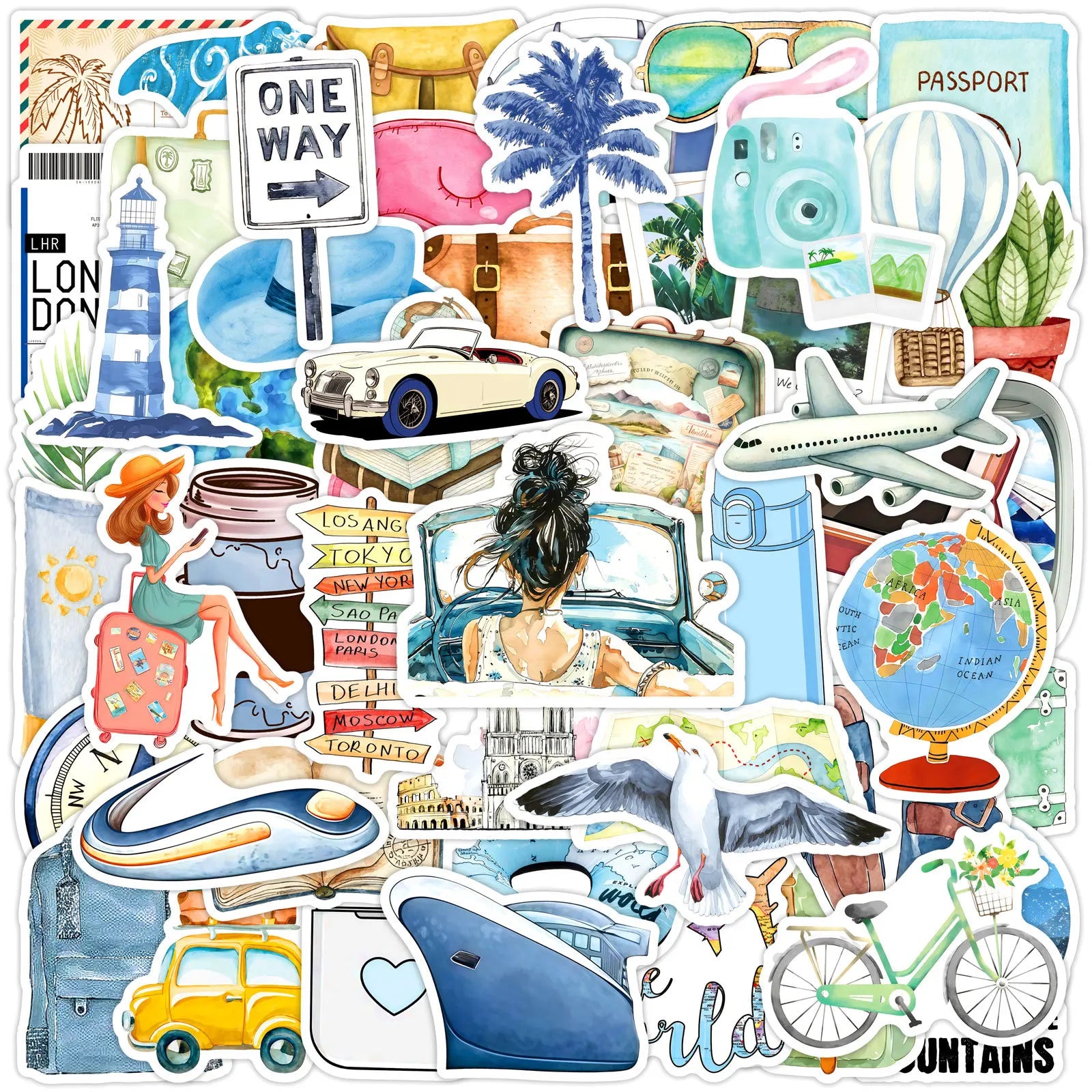 50-Pack Cartoon Watercolor Outdoor Travel Graffiti Stickers for Skateboard Water Bottle Fridge Phone Guitar Notebook