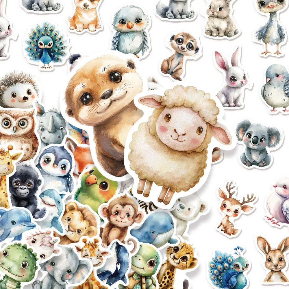 50PCS Cute Watercolor Diverse Animal Graffiti Stickers Cartoon DIY Skateboard Mobile Laptop Decoration Reward Stickers Toy