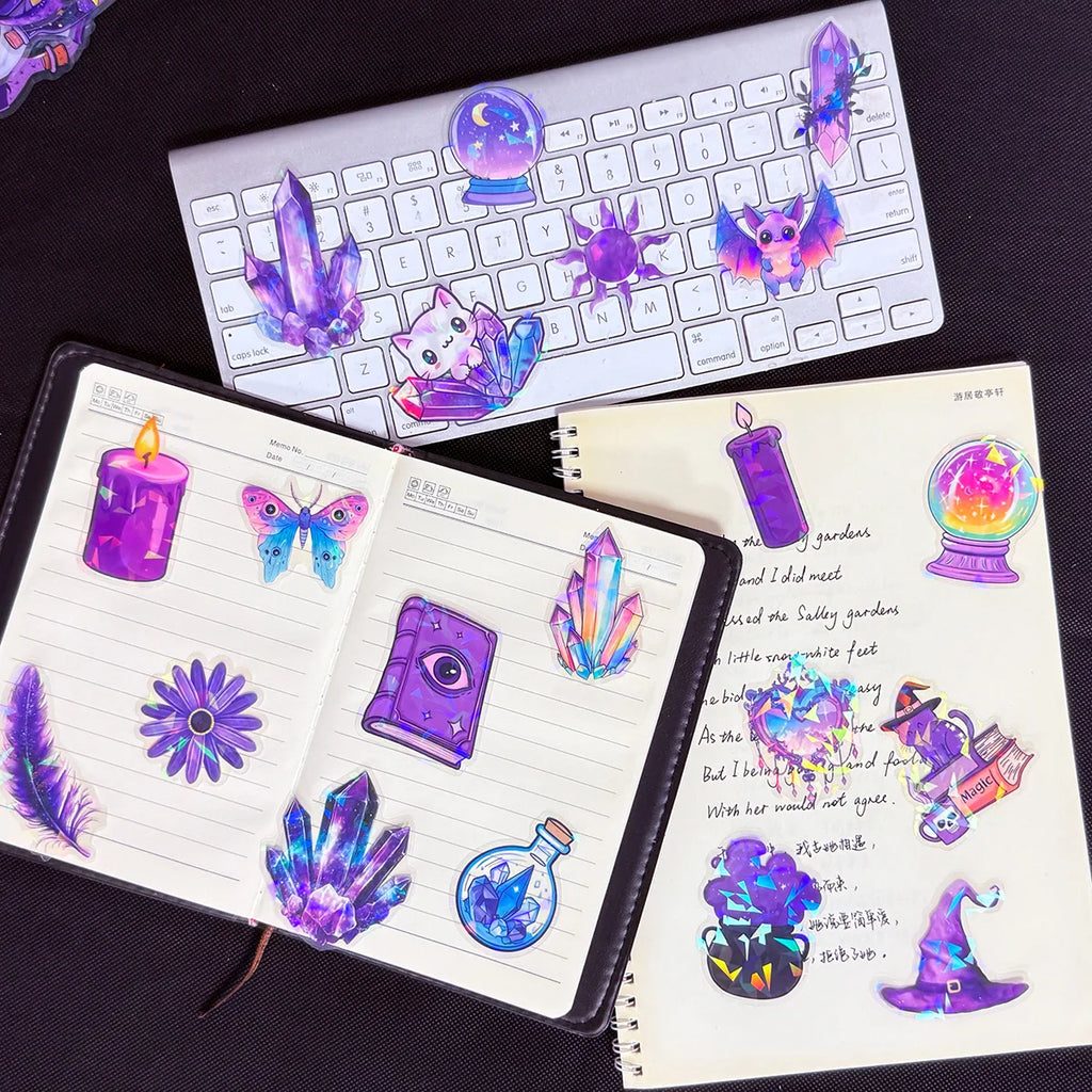 50/100PCS Transparent PET Laser Gothic Witch Stickers Tablet Phone Creative Stickers Notebook Stationery Children Reward Decor
