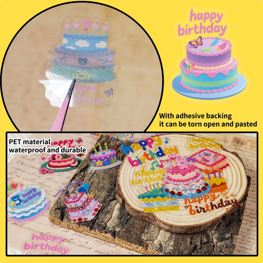 56PCS Cartoon Birthday Cake Transparent PET Stickers Children's Birthday Gifts Waterproof Decoration Stationery Notebook Sticker