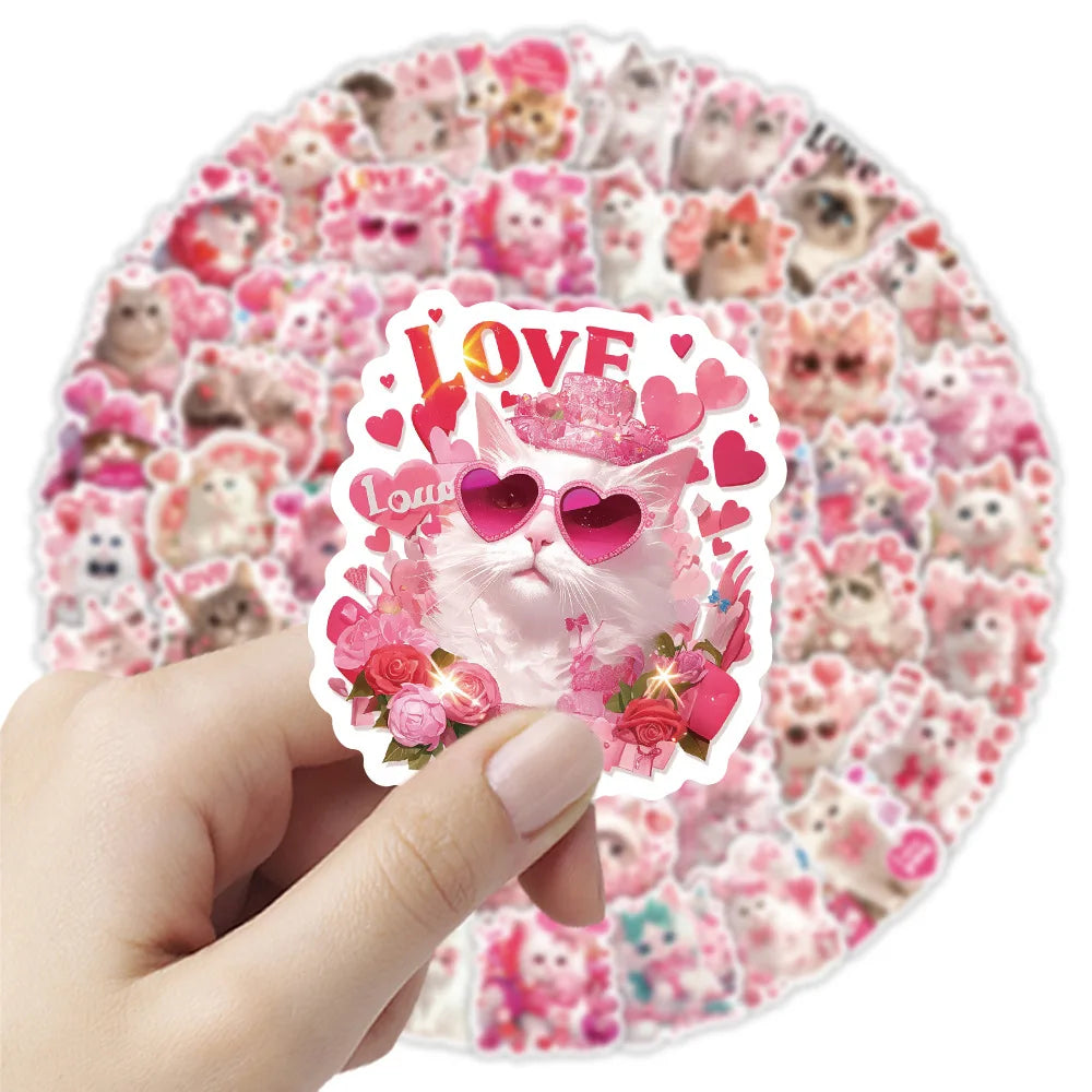50-Pack Pink Valentine's Day Cat Doodle Stickers Waterproof Cute Decorations for Water Bottle Guitars Mobile Tablet Luggage