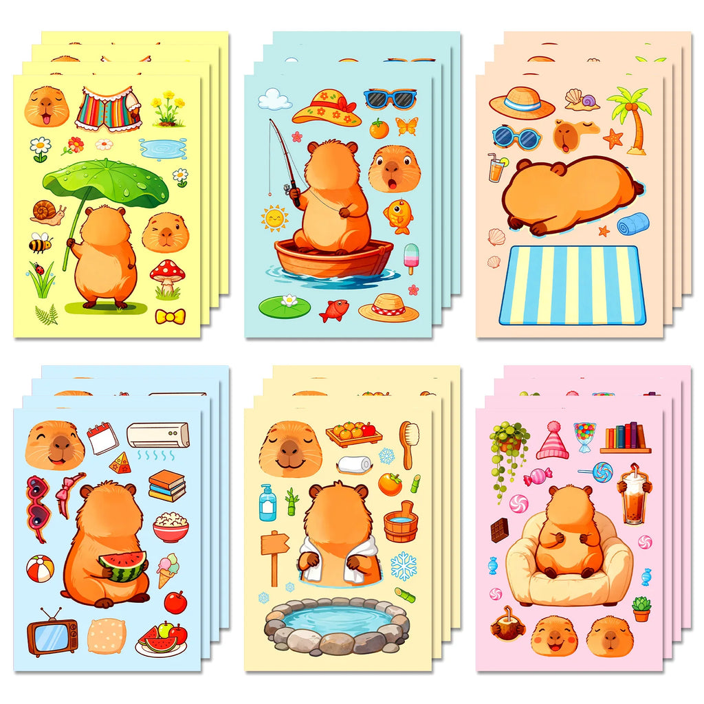 6/12/18Pcs Cartoon Capybara Make A Face Puzzle Stickers, Kids DIY Fun Stationery Notebook Cabinet Fridge Luggage Decor Sticker