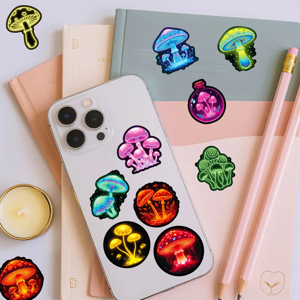 56/112Pcs Neon Mushroom Reusable Stickers Waterproof Decals for Helmet Skateboard Bicycle Computer Stationery Box Multicolor