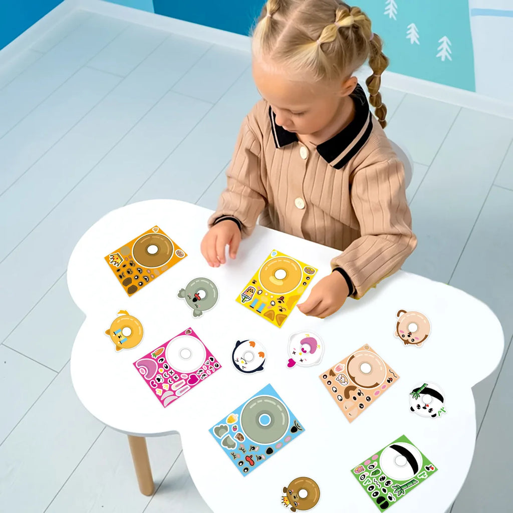8/16/24Pcs Cartoon Animal Donut Make A Face Puzzle Stickers Stationery Decals Notebook Phone Laptop Fridge Luggage Sticker